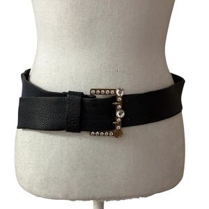 Miu Miu 3” Wide Black Pebbled Leather Rhinestone Buckle Belt  Made In Italy